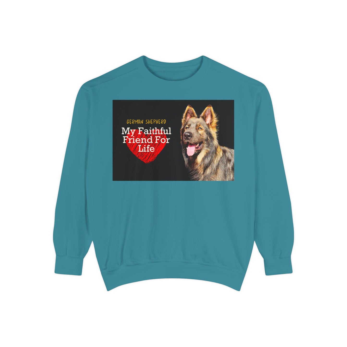 Unisex Dog Lover Sweatshirt With a Giant Old-Fashioned German Shepherd and Caption Faithful Friend on Top of Red Heart