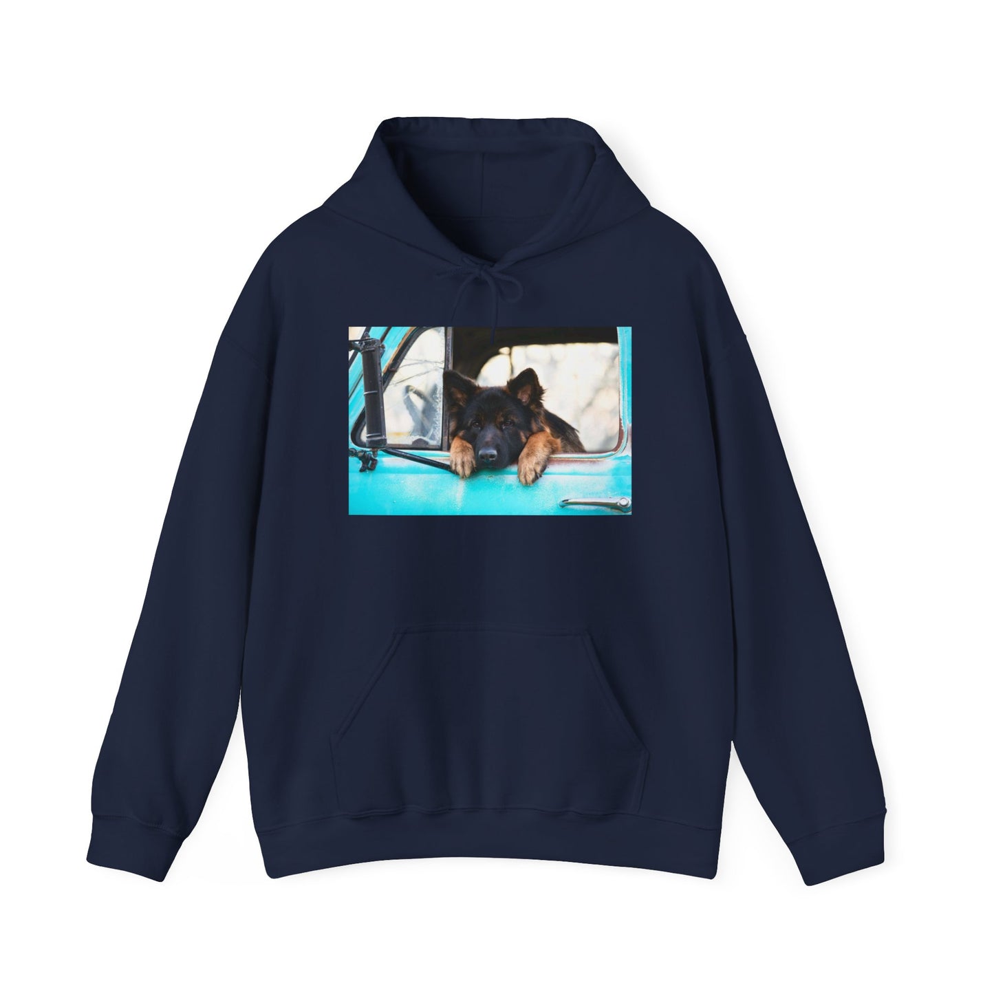 Unisex Dog Lover Hoodie With German Shepherd Puppy Putting His Head and Front Legs On The Truck Seat's Window