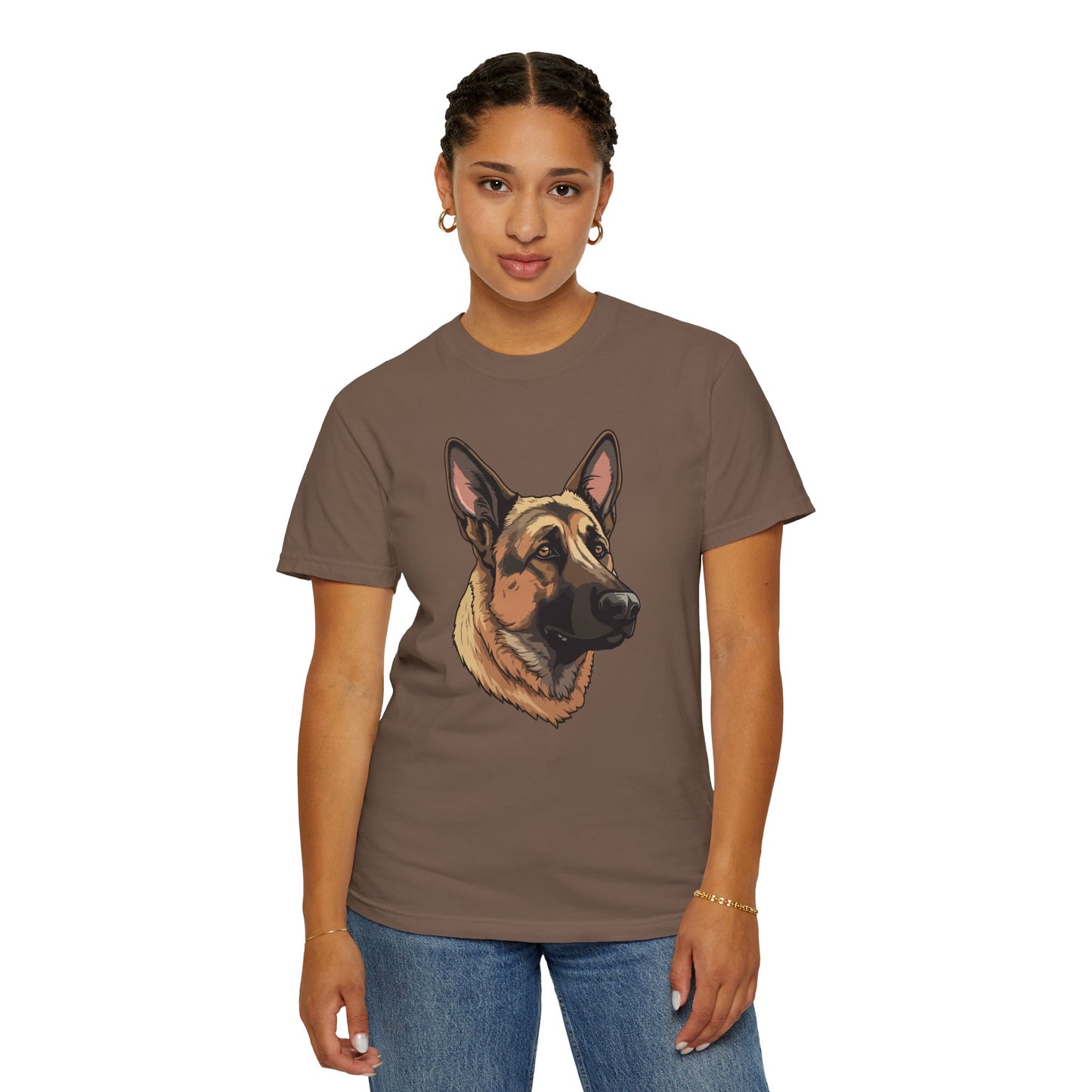 Unisex Dog Lover T-Shirt With a Close Up Graphic of Serious German Shepherd
