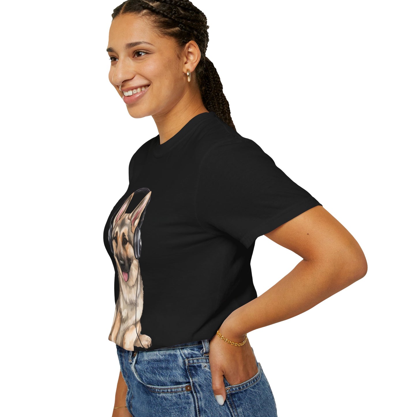 Unisex Dog Lover T-Shirt With a Graphic of German Shepherd Wearing Headphones Enjoying Music