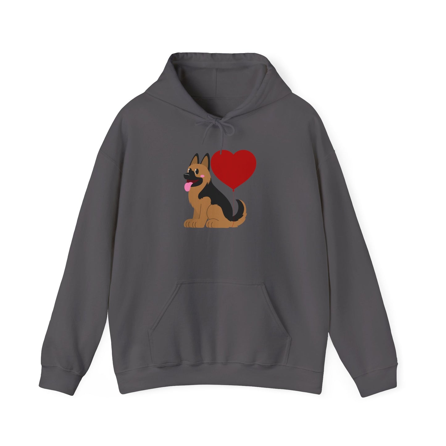 Unisex Dog Lover Hoodie With a Graphic of German Shepherd Puppy and Heart Shaped Balloon Attached With Tail