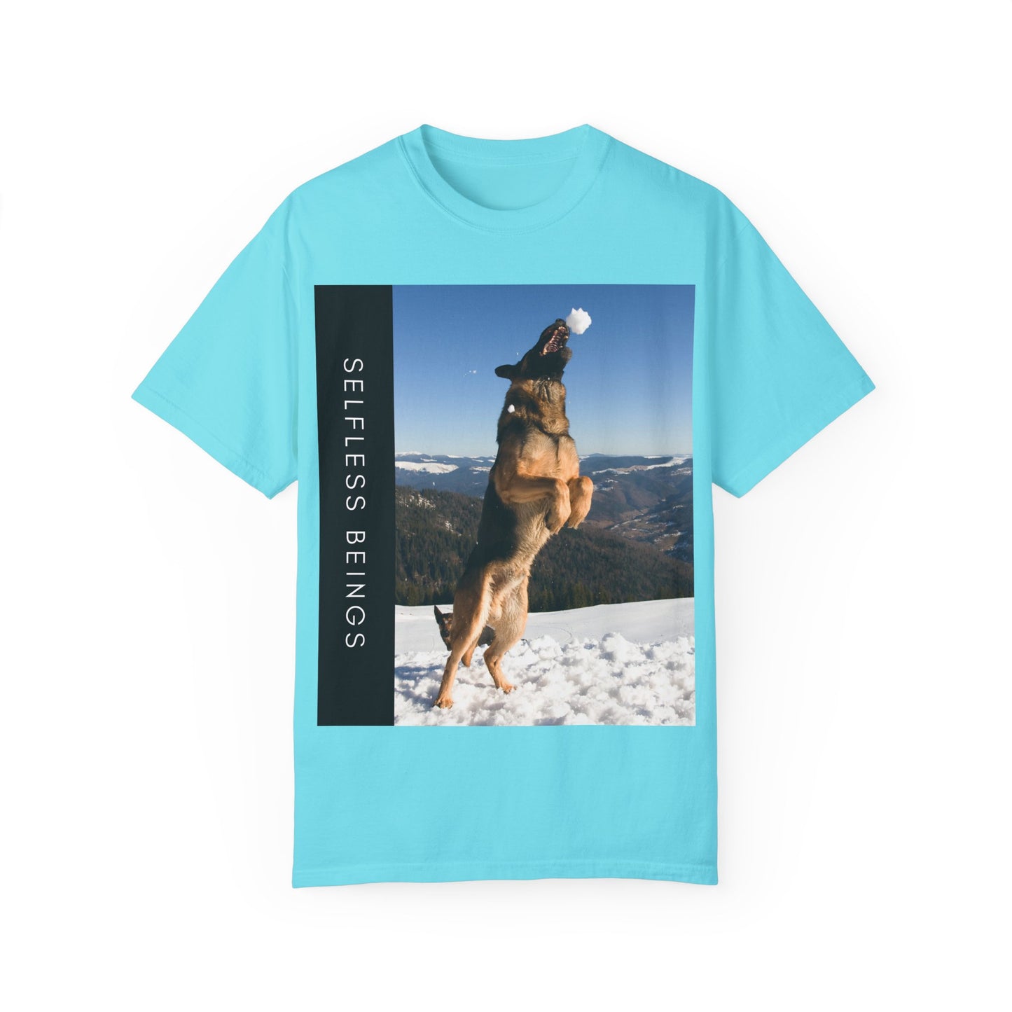 Unisex Dog Lover T-Shirt With a German Shepherd Jumps Upward to Catch a Small Snowball With Mouth and Caption Selfless Beings