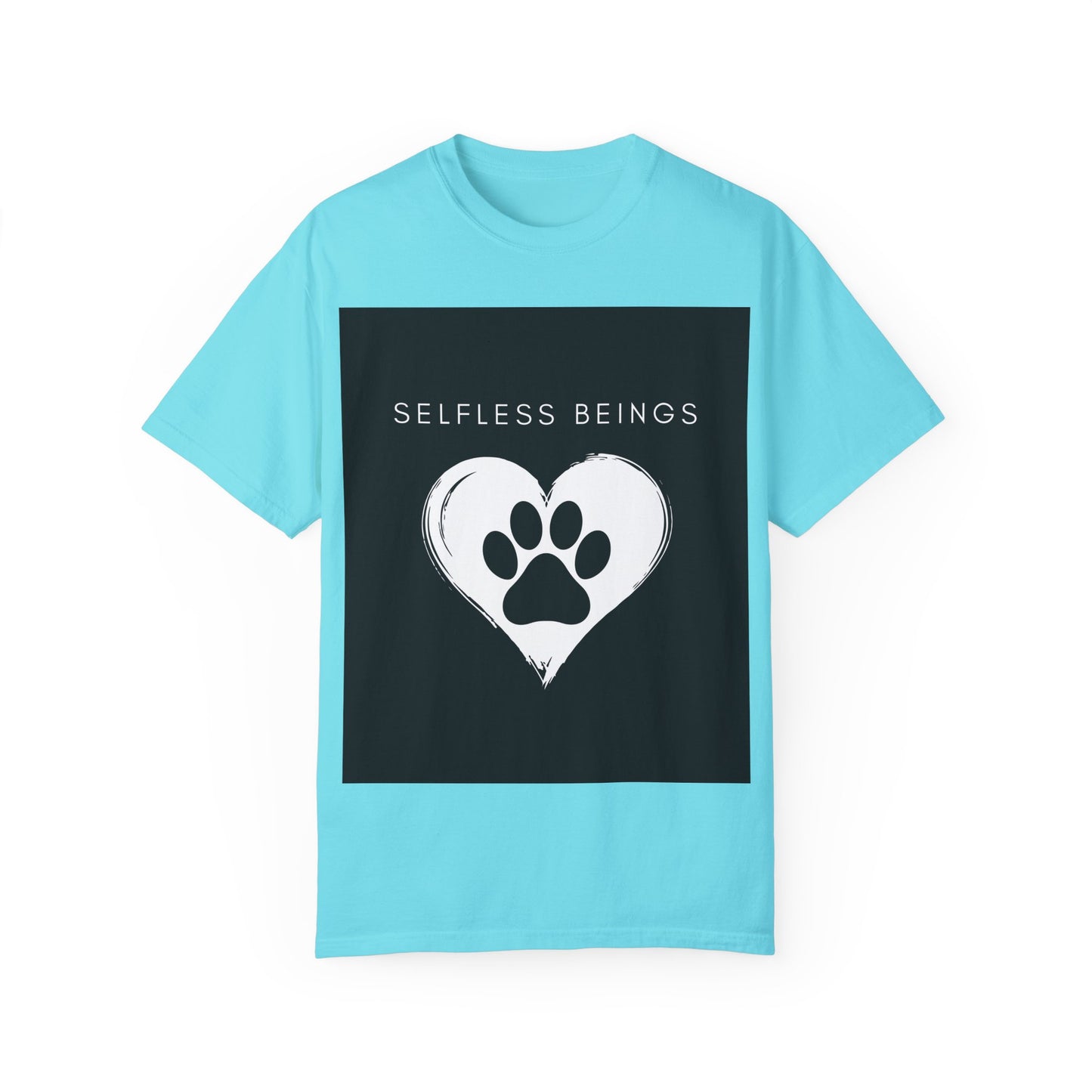 Unisex Dog Lover T-Shirt With Black Paw Print of a Dog Inside a White Heart and Caption Selfless Beings
