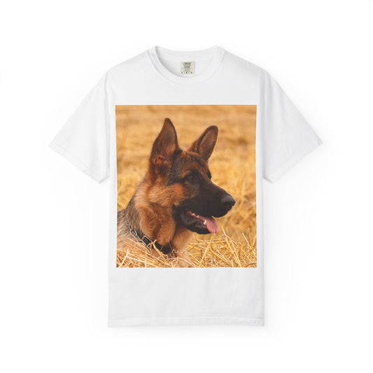 Unisex Dog Lovers T-Shirt Featuring German Shepherd Resting on the Dry Grass