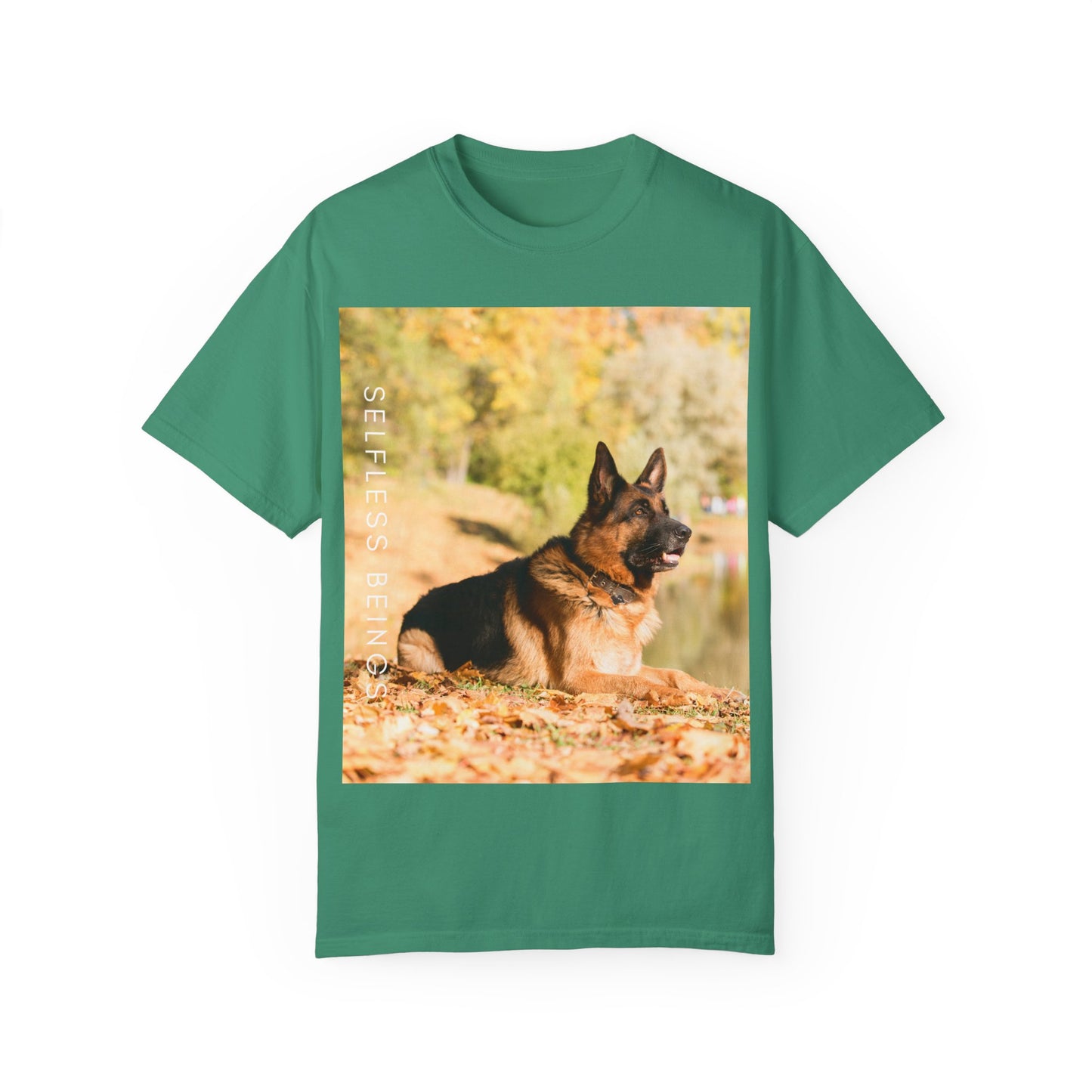 Unisex Dog Lover T-Shirt With a German Shepherd Resting in the Autumn Park on Leaves Near a Pond and Caption Selfless Beings