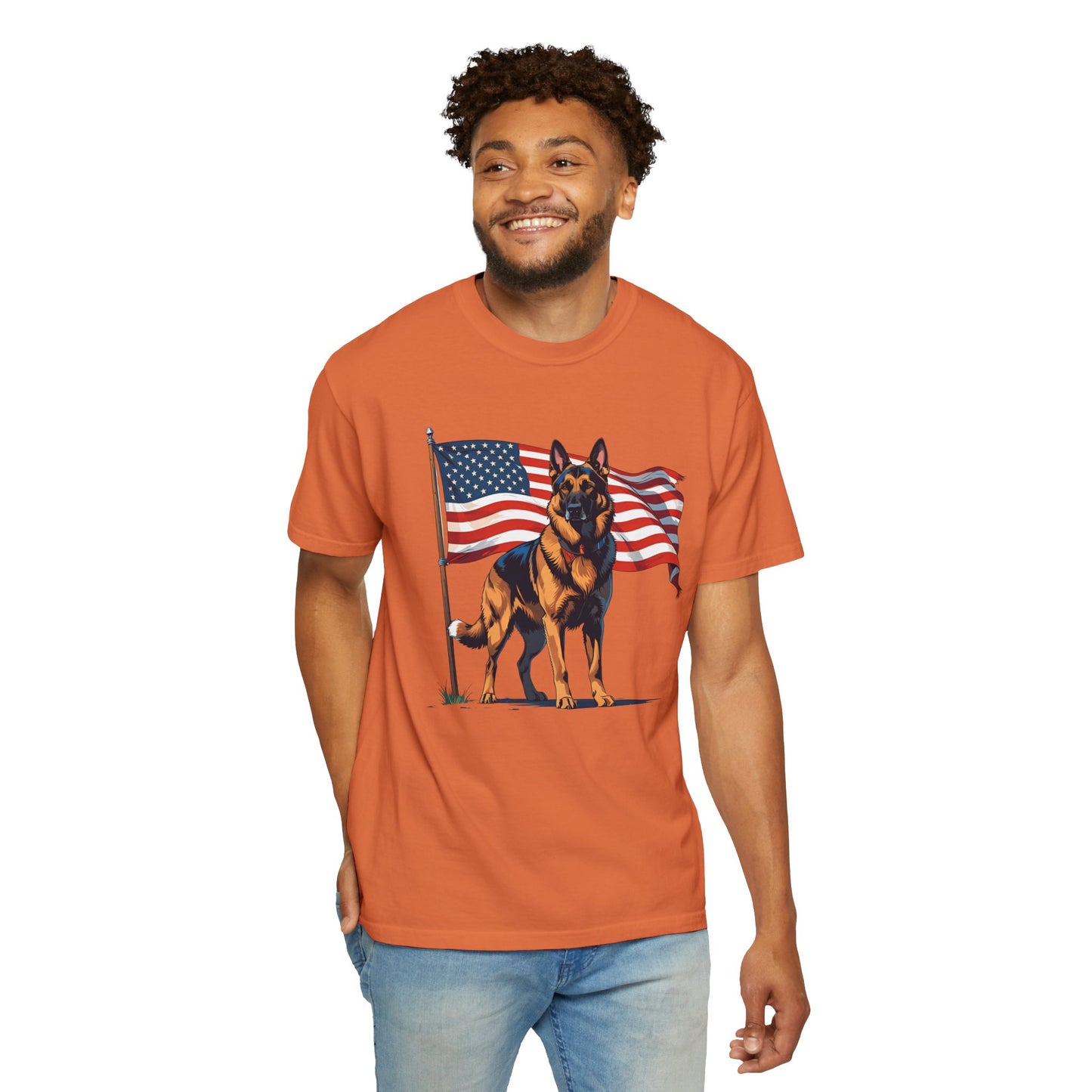 Patriotic German Shepherd Dog T-Shirt, Unisex Garment-Dyed Tee, Dog Lover Gift, US Independence Day Apparel, Casual Wear for Pet Lovers