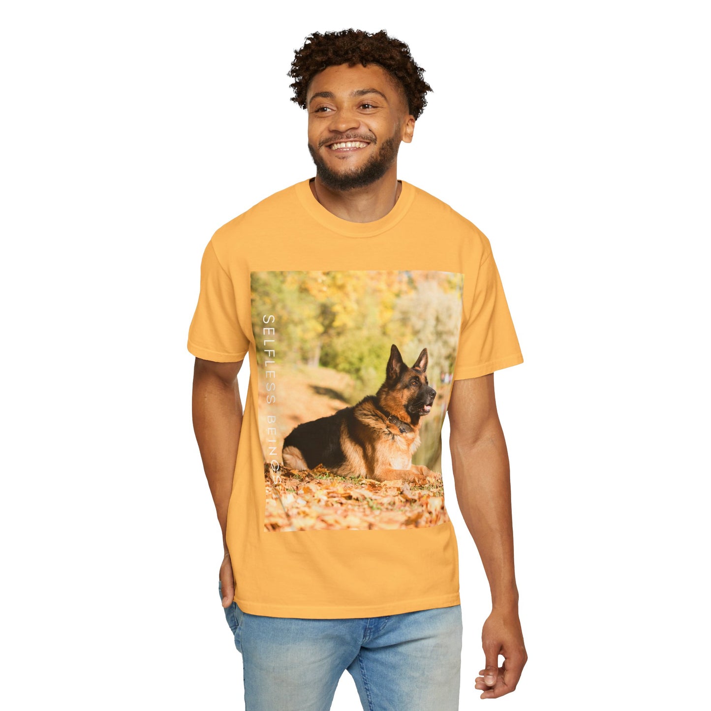 Unisex Dog Lover T-Shirt With a German Shepherd Resting in the Autumn Park on Leaves Near a Pond and Caption Selfless Beings