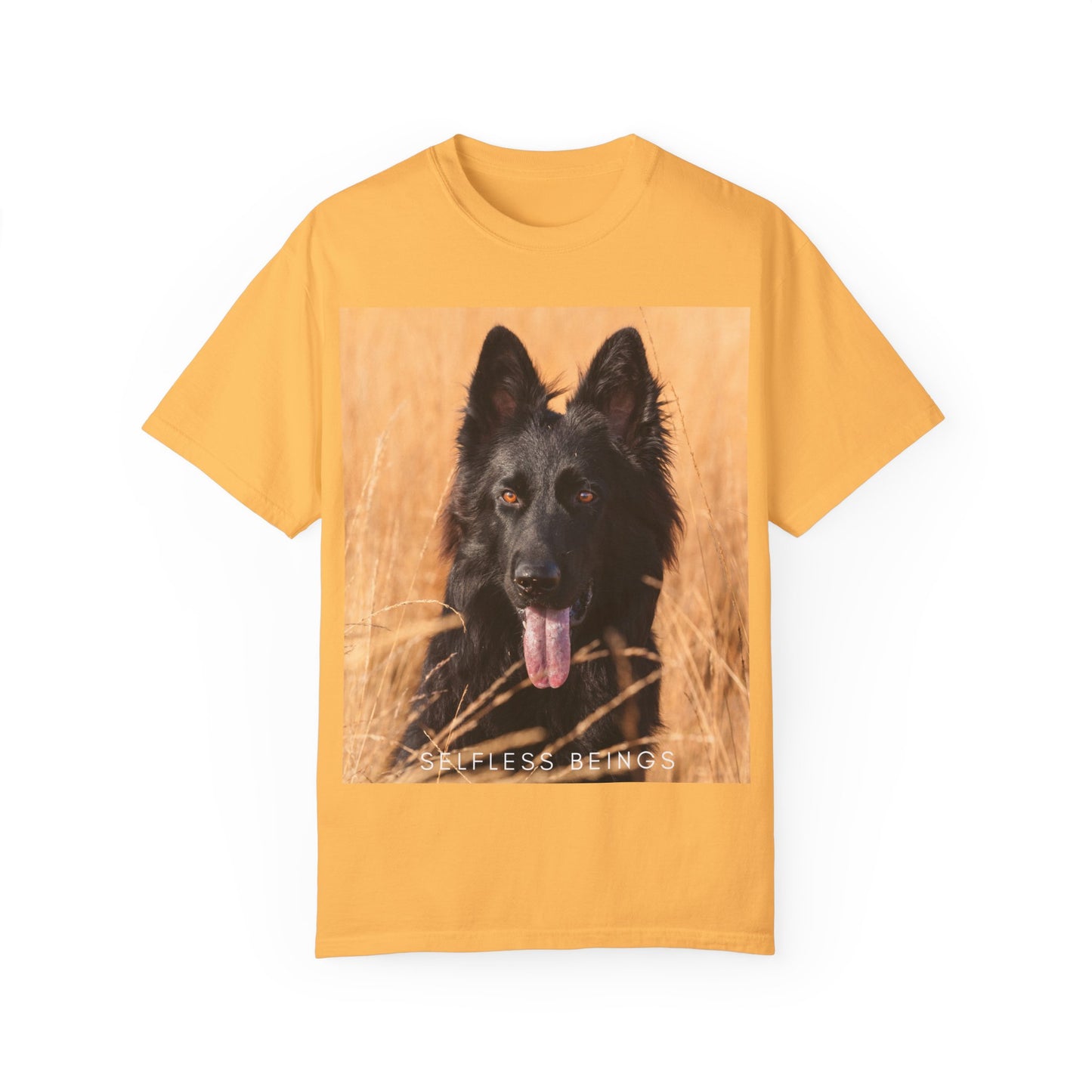Unisex Dog Lover T-Shirt With Solid Black German Shepherd in the Middle of Long Dry Grass Leaving Tongue and Caption Selfless Beings