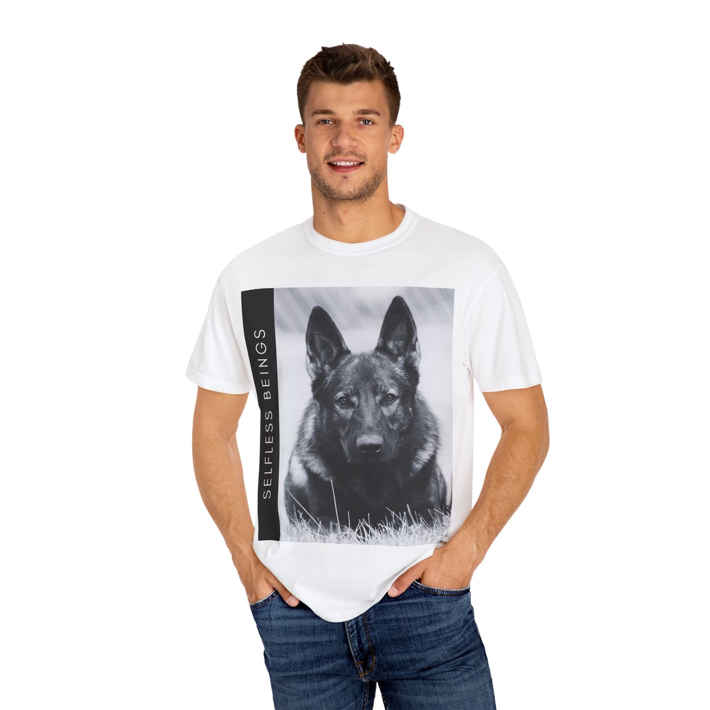 Unisex Dog Lover T-Shirt With a Working Line German Shepherd Resting on the Grass and Caption Selfless Beings