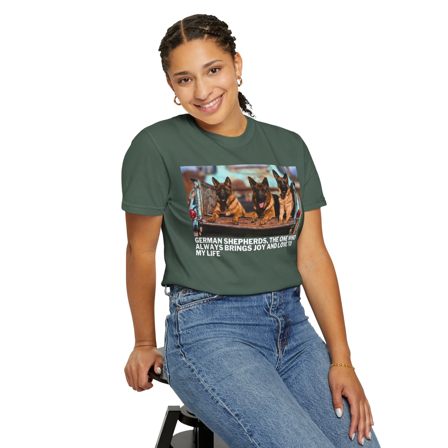 Unisex Dog Lover T-Shirt With Three German Shepherds Lying on the Truck's Cargo Bed in a Row and Caption The One Who Always Brings Joy and Love to My Love