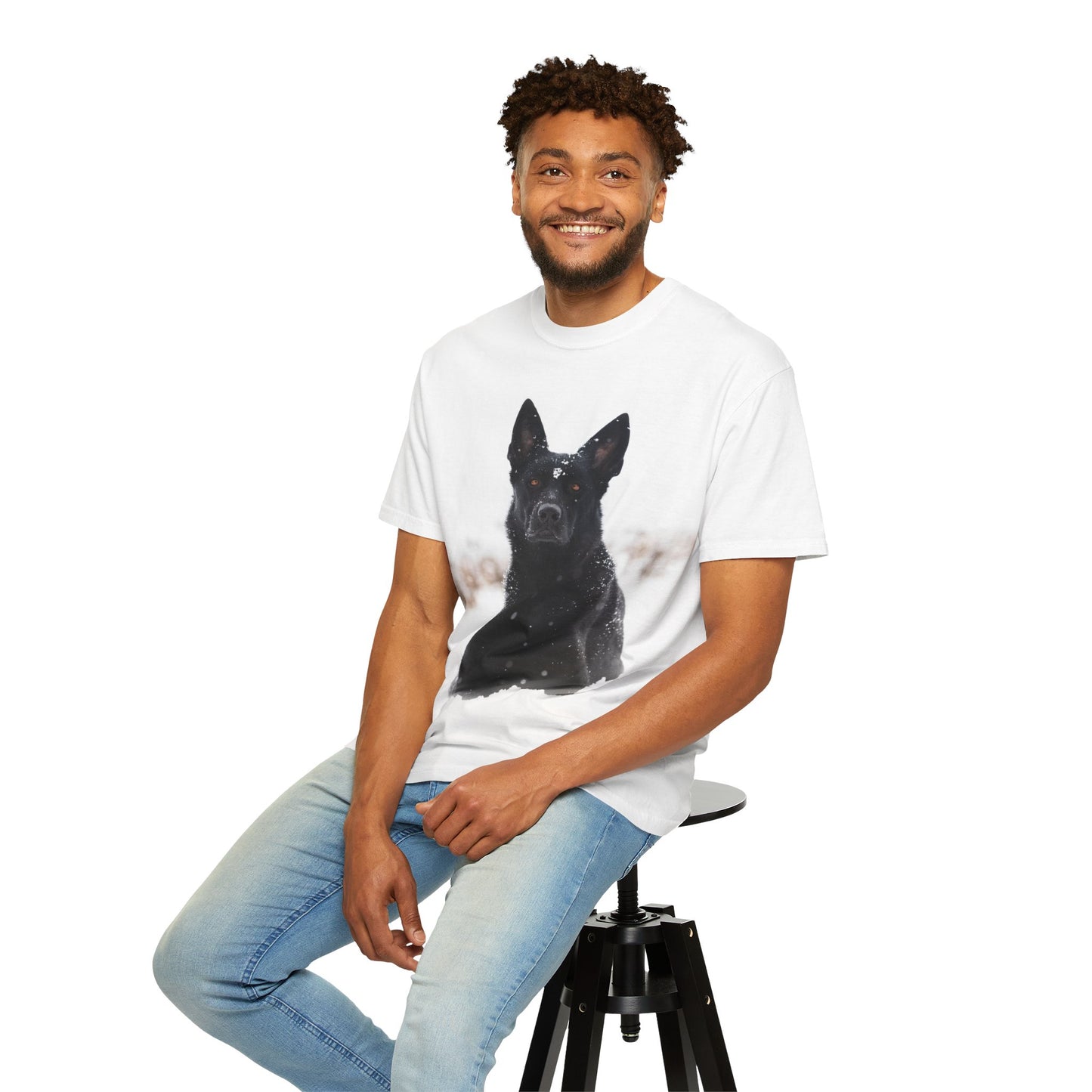 Unisex Dog Lover T-Shirt Featuring a Giant Black Working Line German Shepherd in the Snow