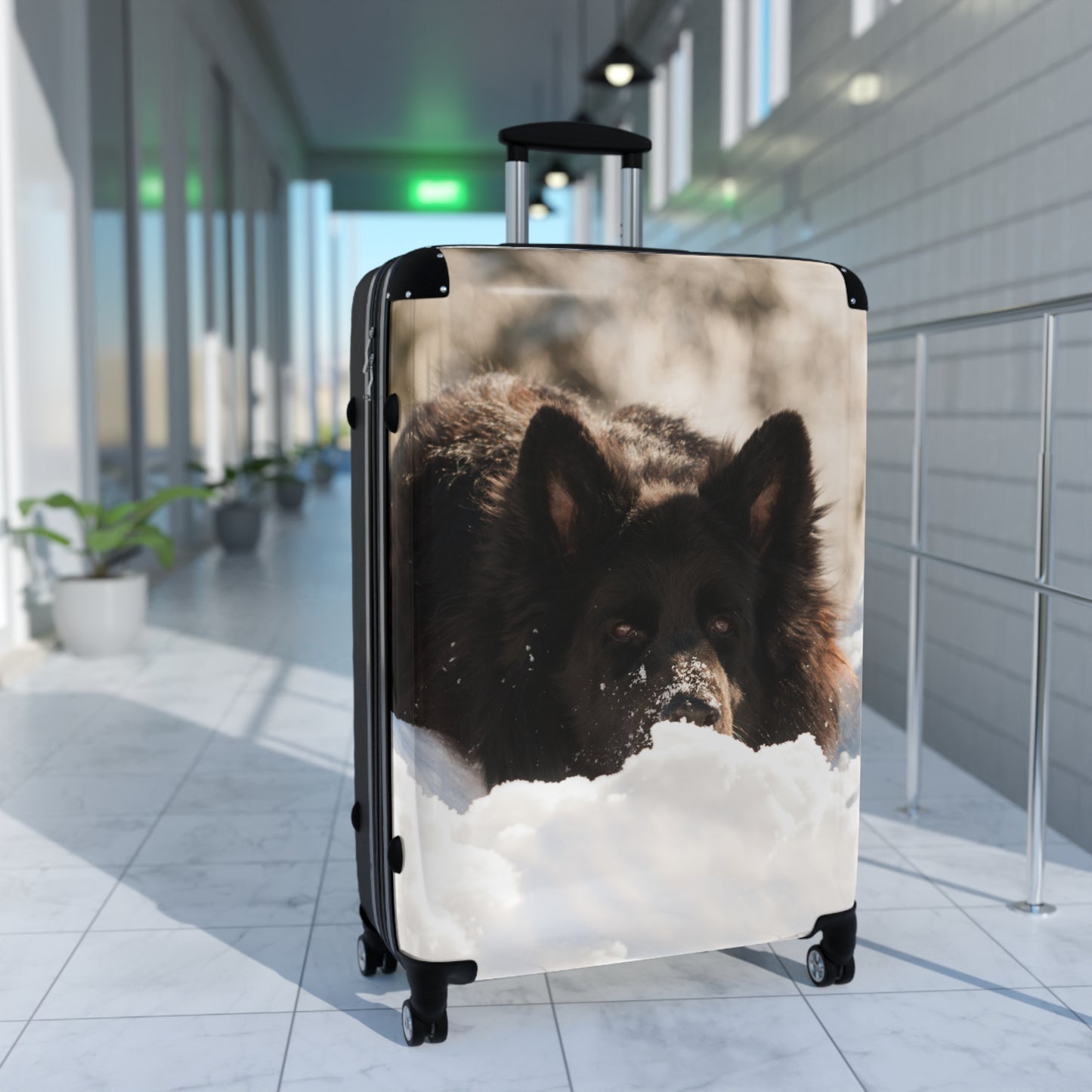 Winter Wonderland Dog Suitcase - A Giant Black German Shepherd Resting on the Snow
