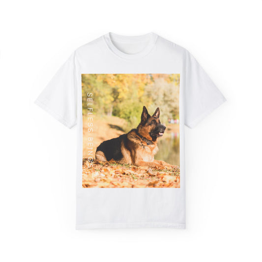 Unisex Dog Lover T-Shirt With a German Shepherd Resting in the Autumn Park on Leaves Near a Pond and Caption Selfless Beings