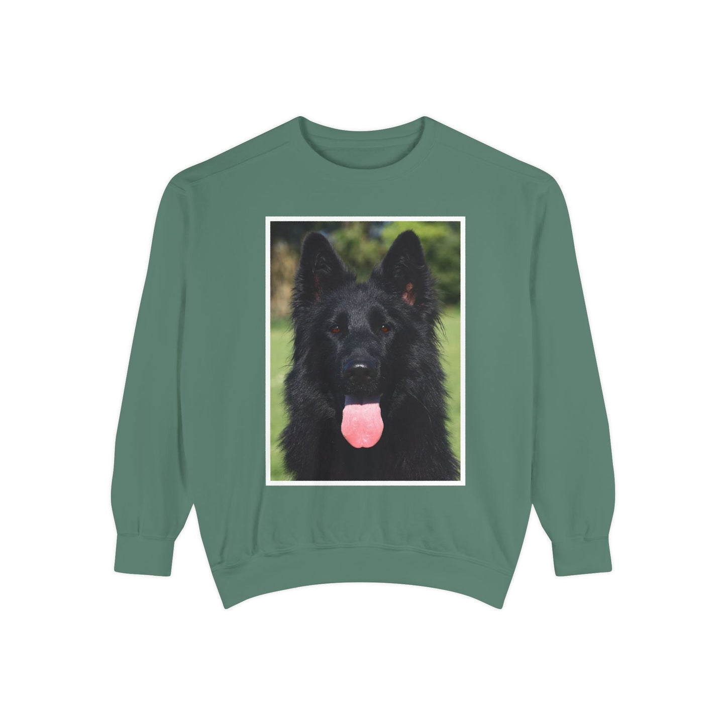 Unisex Dog Lover Sweatshirt With a Close Up of Solid Black German Shepherd Leaving Hanging Tongue