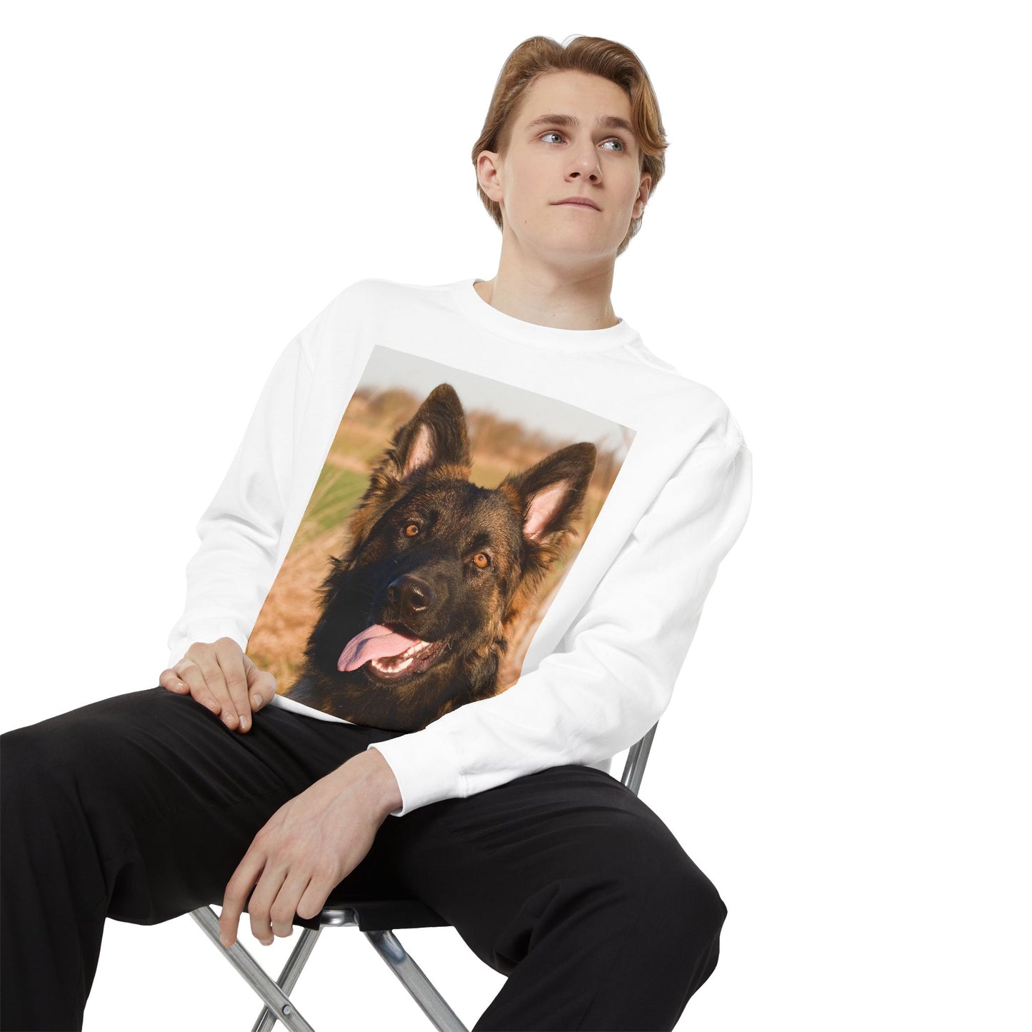 Unisex Dog Lover Sweatshirt With Close Up of Long Coat German Shepherd Sticking Tongue Out