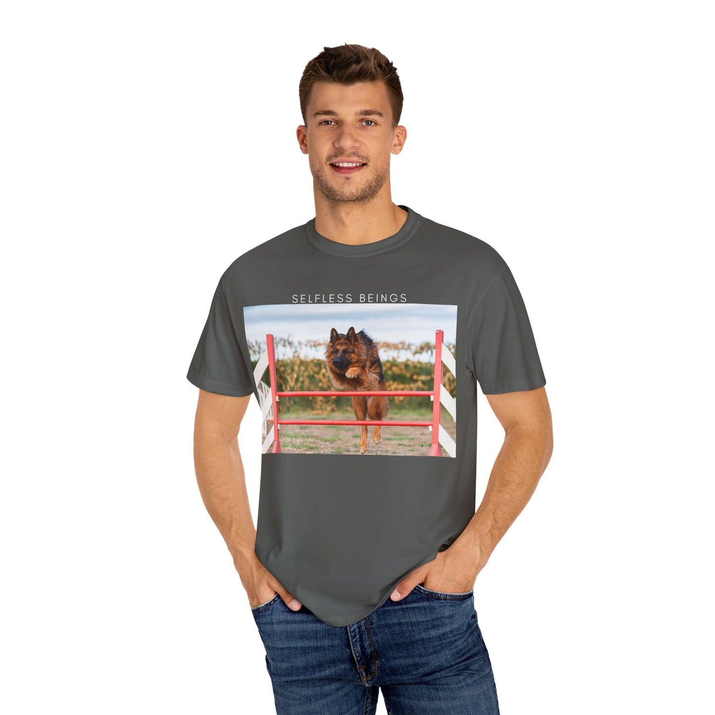 Unisex Dog Lover T-Shirt With a German Shepherd Jumping an Agility Fence Outdoor and Caption Selfless Beings