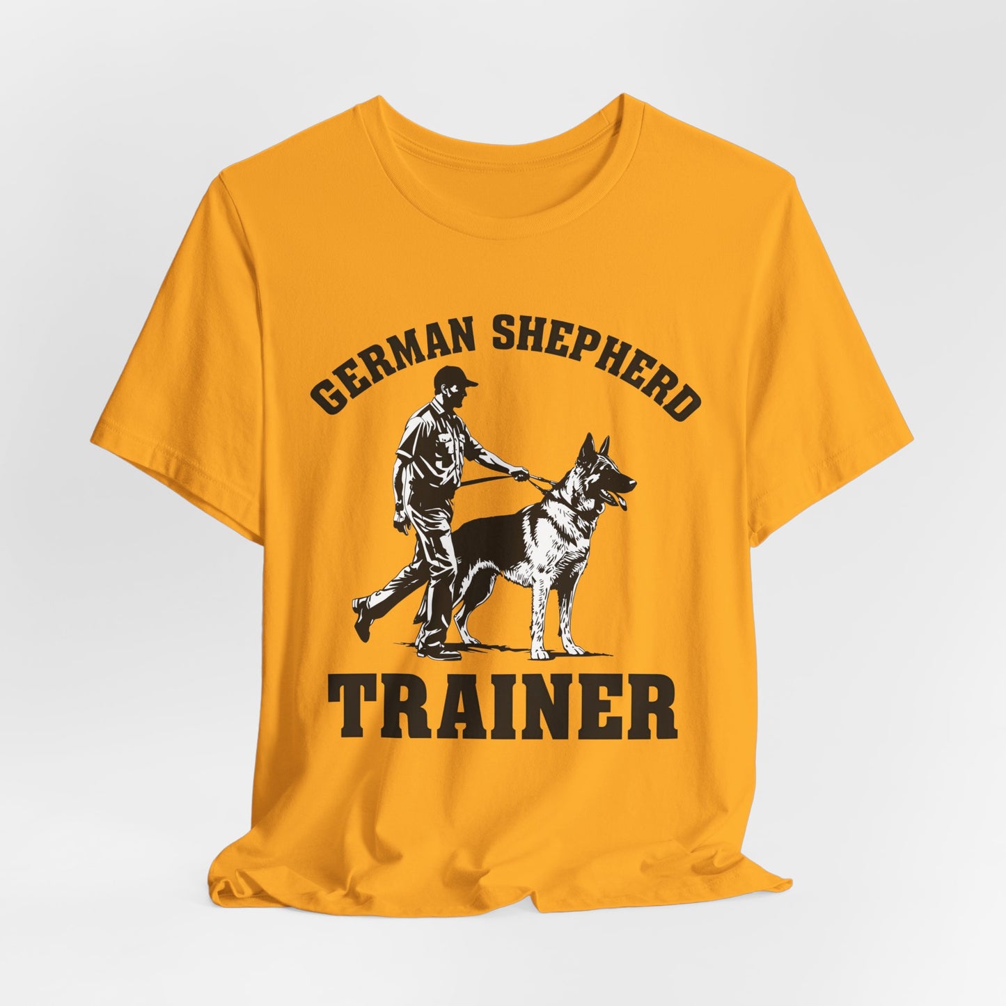 German Shepherd Trainer Tee - Black and White Design of Man Holding a German Shepherd