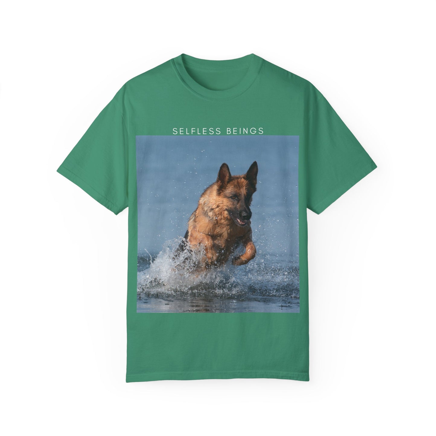 Unisex Dog Lover T-Shirt With Showline German Shepherd Swimming in the Sea and Caption Selfless Beings on Top