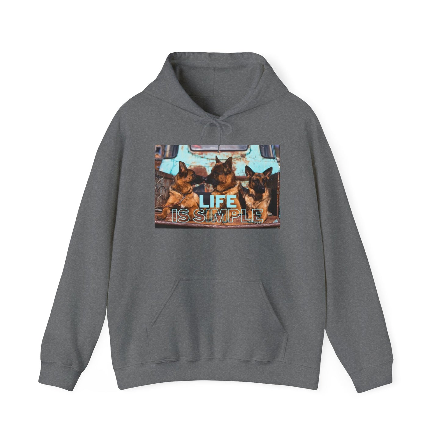 Unisex Dog Lover Hoodie With Three German Shepherds Sitting on the Truck's Cargo Bed and Caption Life is Simple
