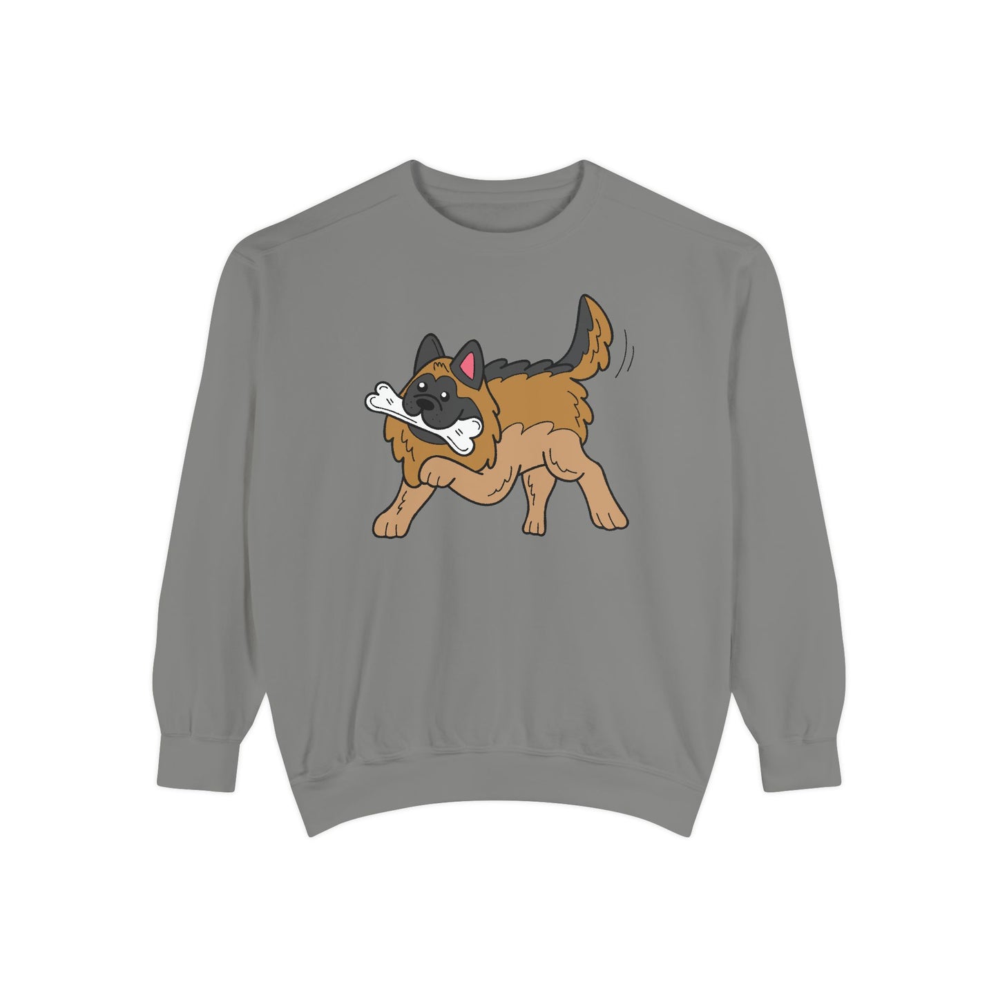 Unisex Dog Lover Sweatshirt With a Graphic of a German Shepherd Holding a White Bone in Mouth