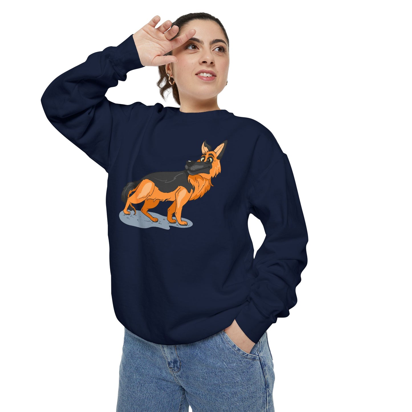 Unisex Dog Lover Sweatshirt With a Cartoon of Astonished German Shepherd Turning His Head