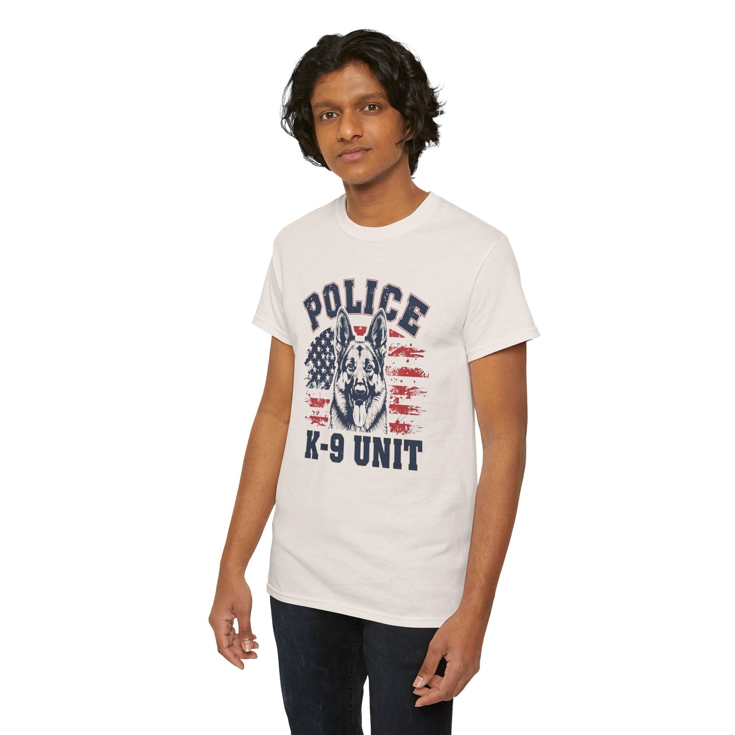 Patriotic Police K-9 Unit T-Shirt With American Flag in Background, Unisex Heavy Cotton Tee