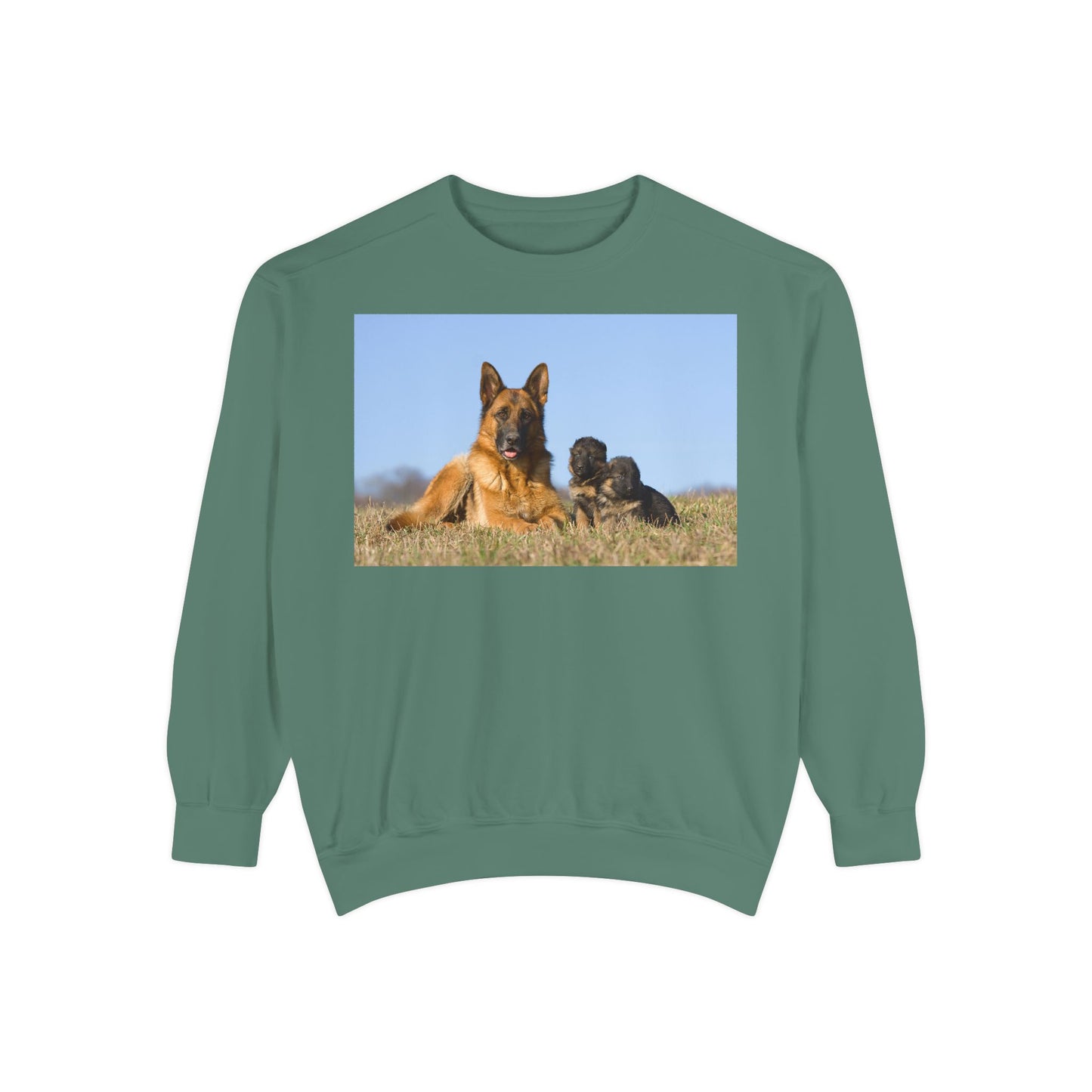 Unisex Dog Lover Sweatshirt With a German Shepherd Lying on the Grass With Two Puppies