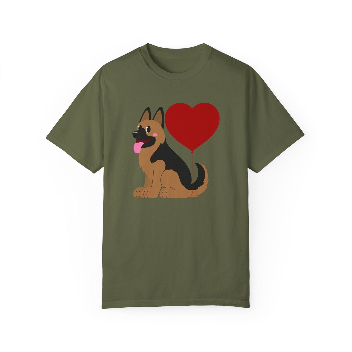 Unisex Dog Lover T-Shirt With a Graphic of German Shepherd Puppy and Heart Shaped Balloon Attached With Tail