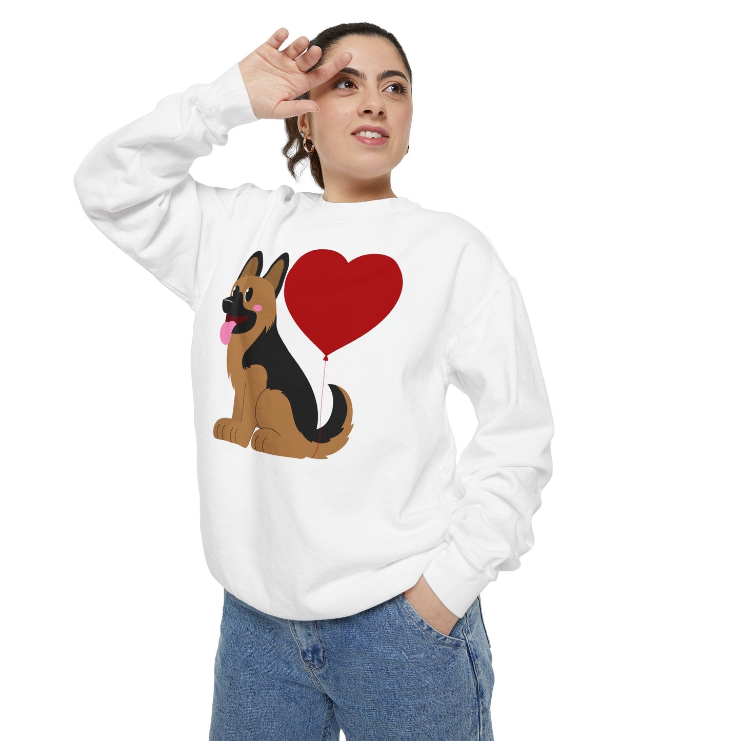 Unisex Dog Lover Sweatshirt With a Graphic of German Shepherd Puppy and Heart Shaped Balloon Attached With Tail