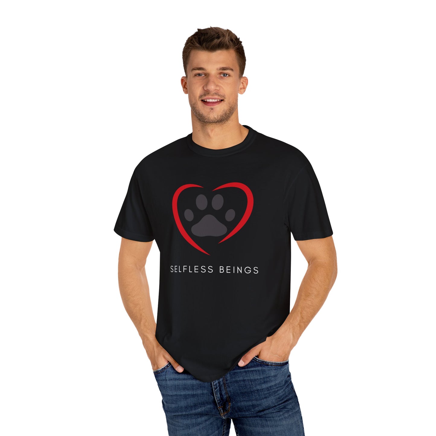 Unisex Dog Lover T-Shirt With Graphic of Curvy Heart Boundaries Contain Dog Paw Print and Caption Selfless Beings Below