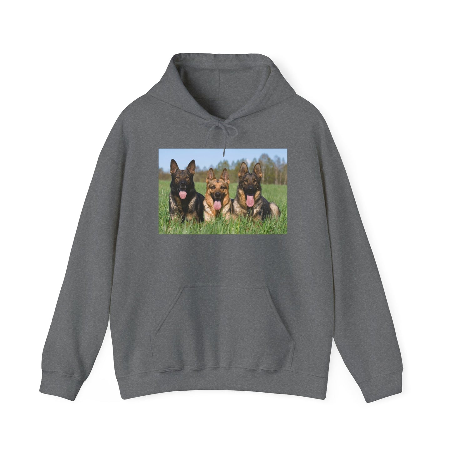 A Dog Lover Hoodie With Three Giant German Shepherds Lying on The Grass Leaving Tongues Out