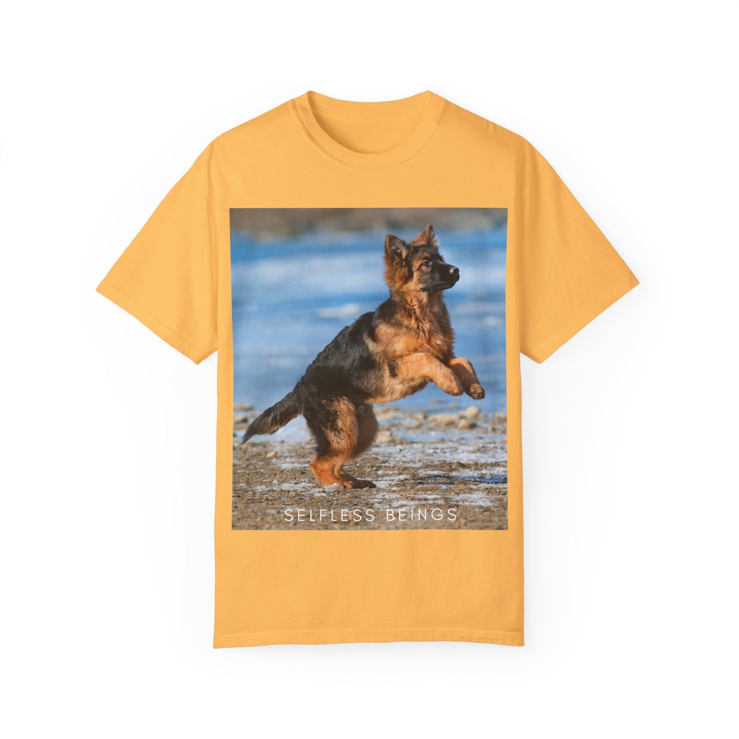 Unisex Dog Lover T-Shirt With Gorgeous German Shepherd Puppy Standing on Back Legs at Seashore and Caption Selfless Beings