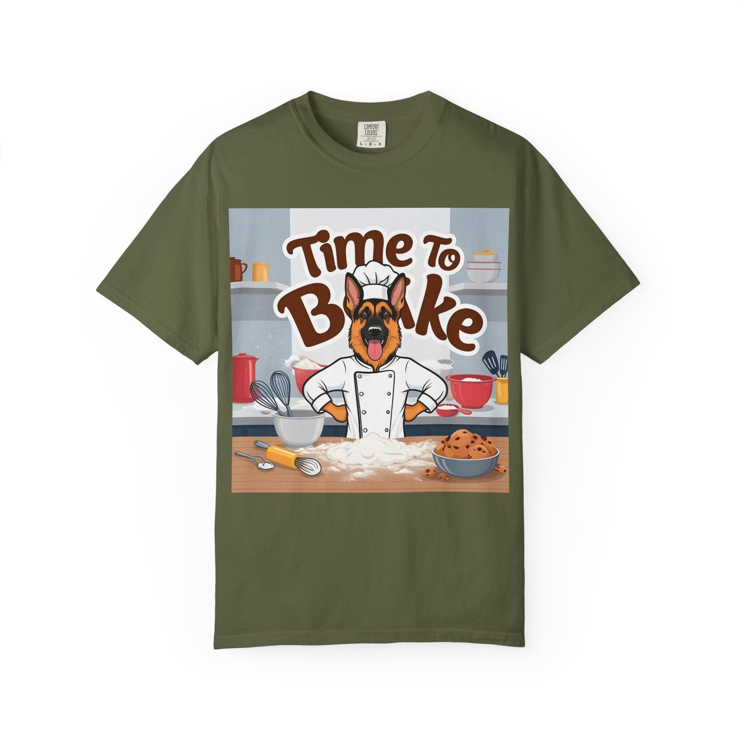 Unisex Dog Lover T-Shirt With Graphic of German Shepherd Wearing Chef Suit and Caption Time To Bake