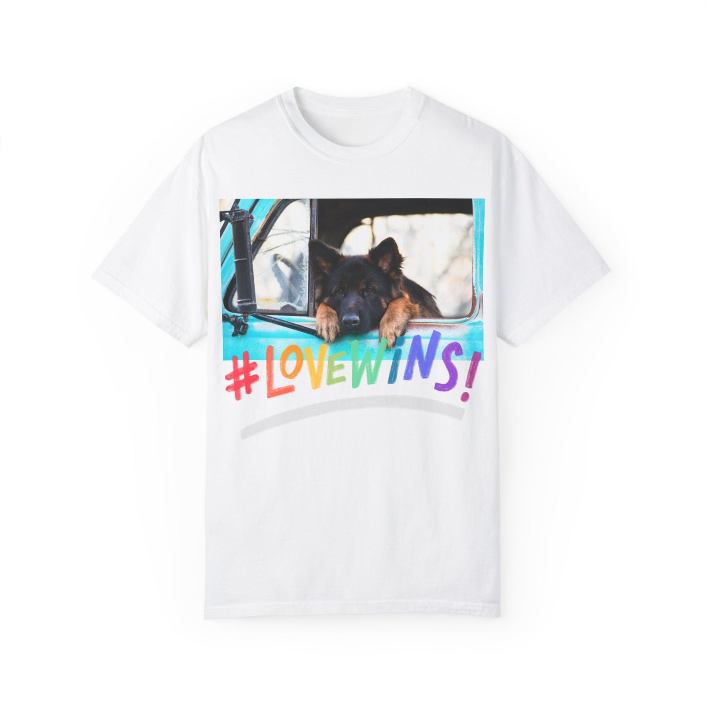 Unisex T-Shirt With German Shepherd Puppy Putting His Head and Front Legs On The Truck Seat's Window and Caption Love Wins