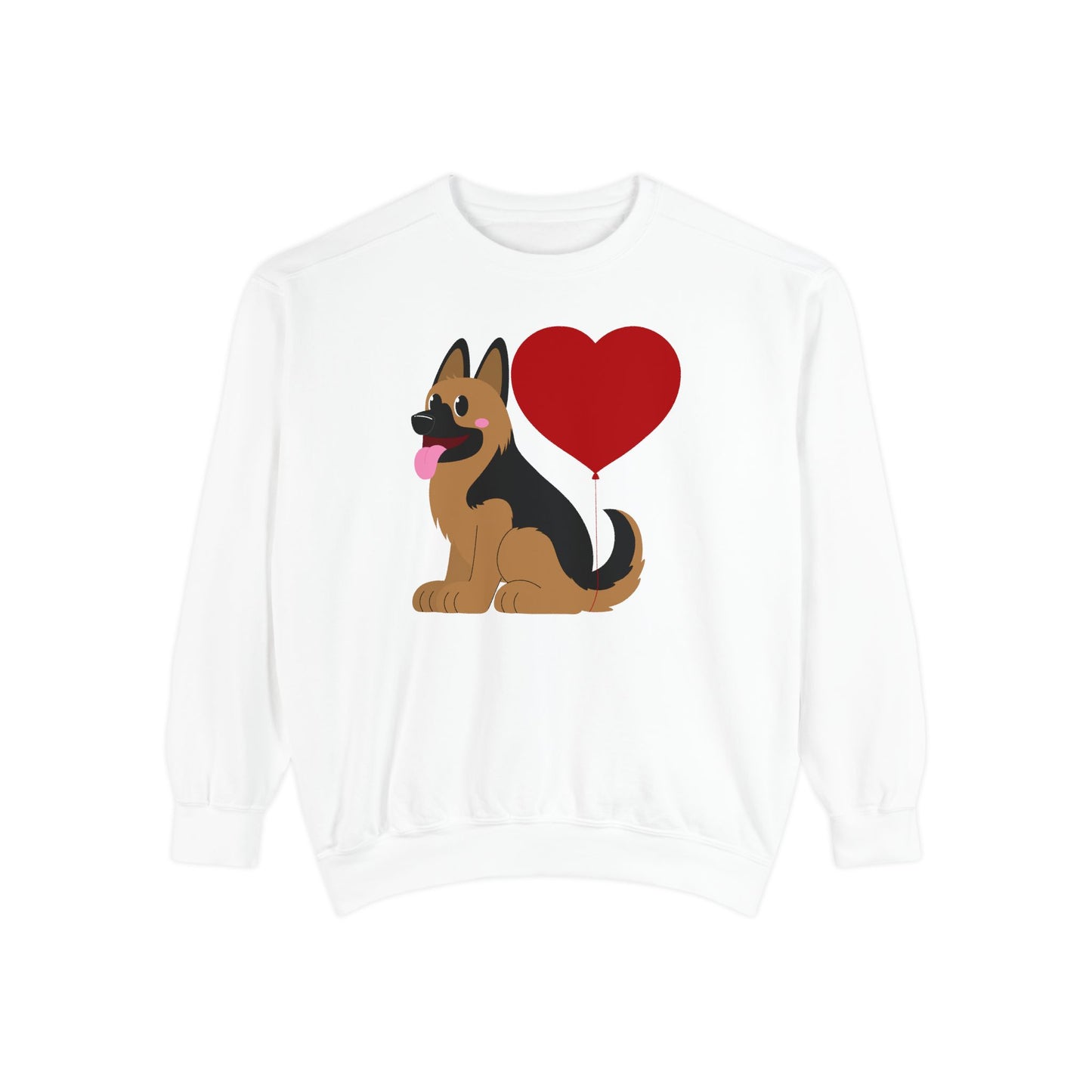Unisex Dog Lover Sweatshirt With a Graphic of German Shepherd Puppy and Heart Shaped Balloon Attached With Tail