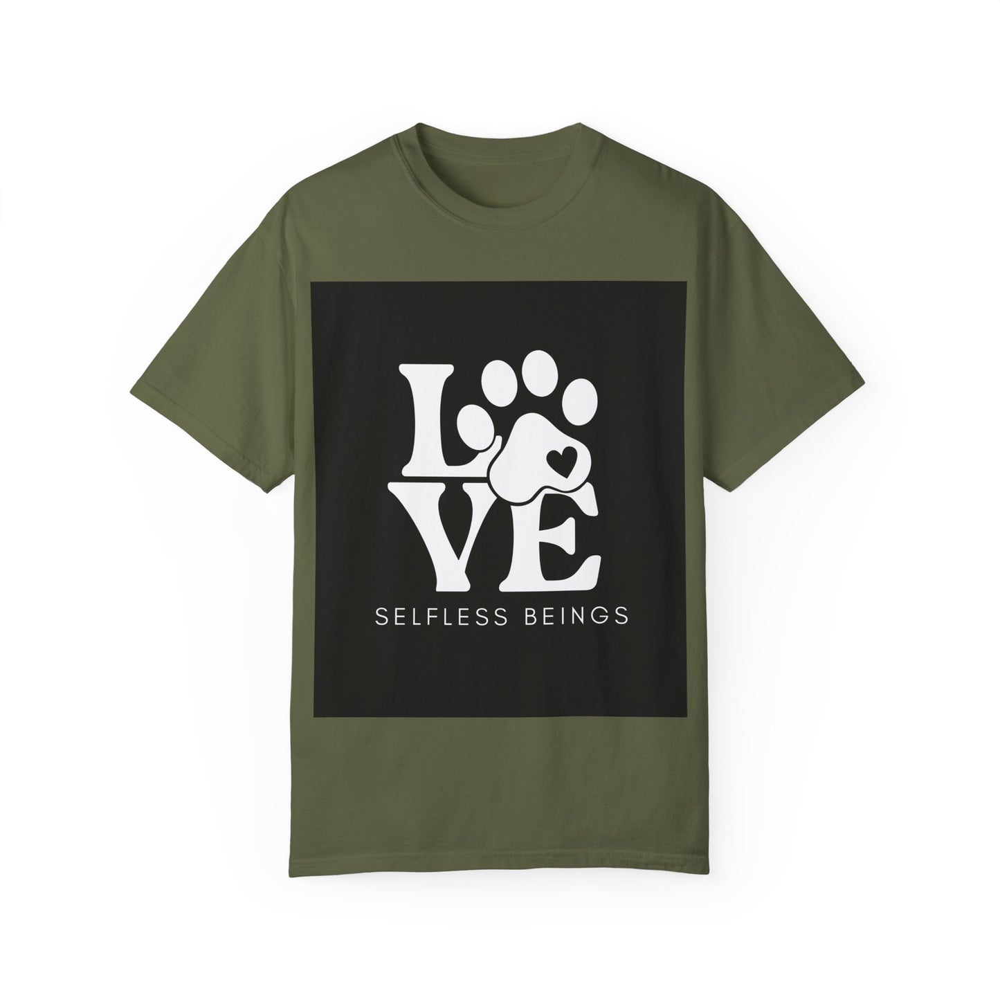 Unisex Dog Lover T-Shirt With Graphic of Love Dog-Paw and Caption Selfless Beings
