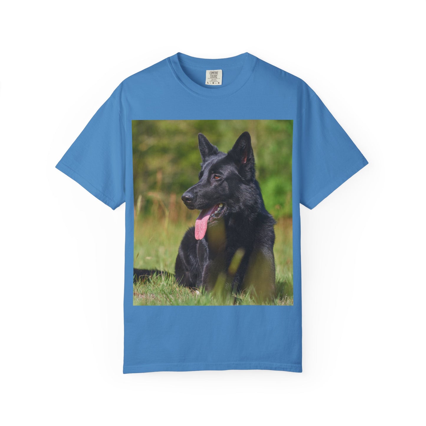 Unisex Garment-Dyed T-Shirt Featuring a Black German Shepherd Resting on Grass Looking Sideways