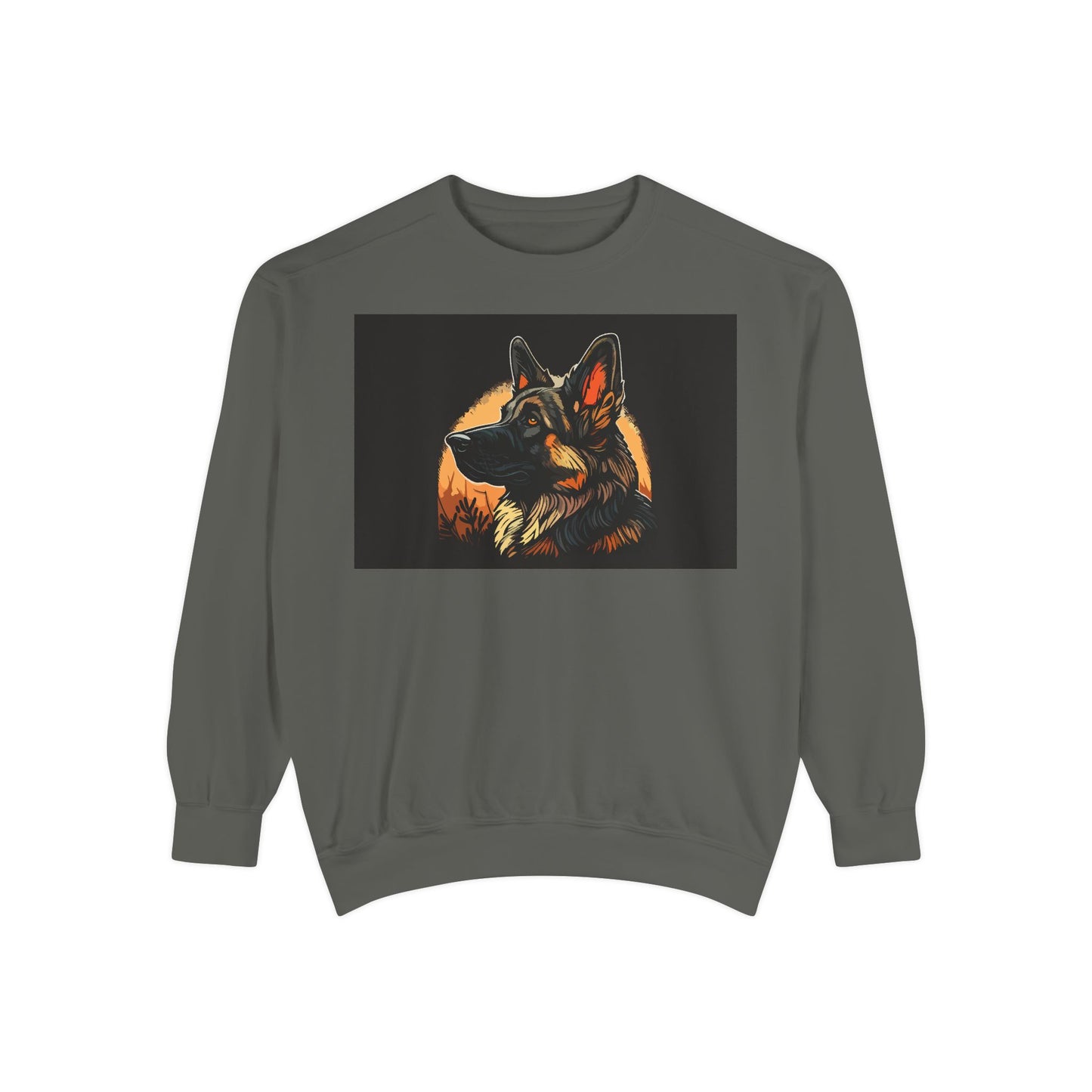 Unisex Dog Lover Sweatshirt With a Close Up Graphic of a German Shepherd In Front of Moon