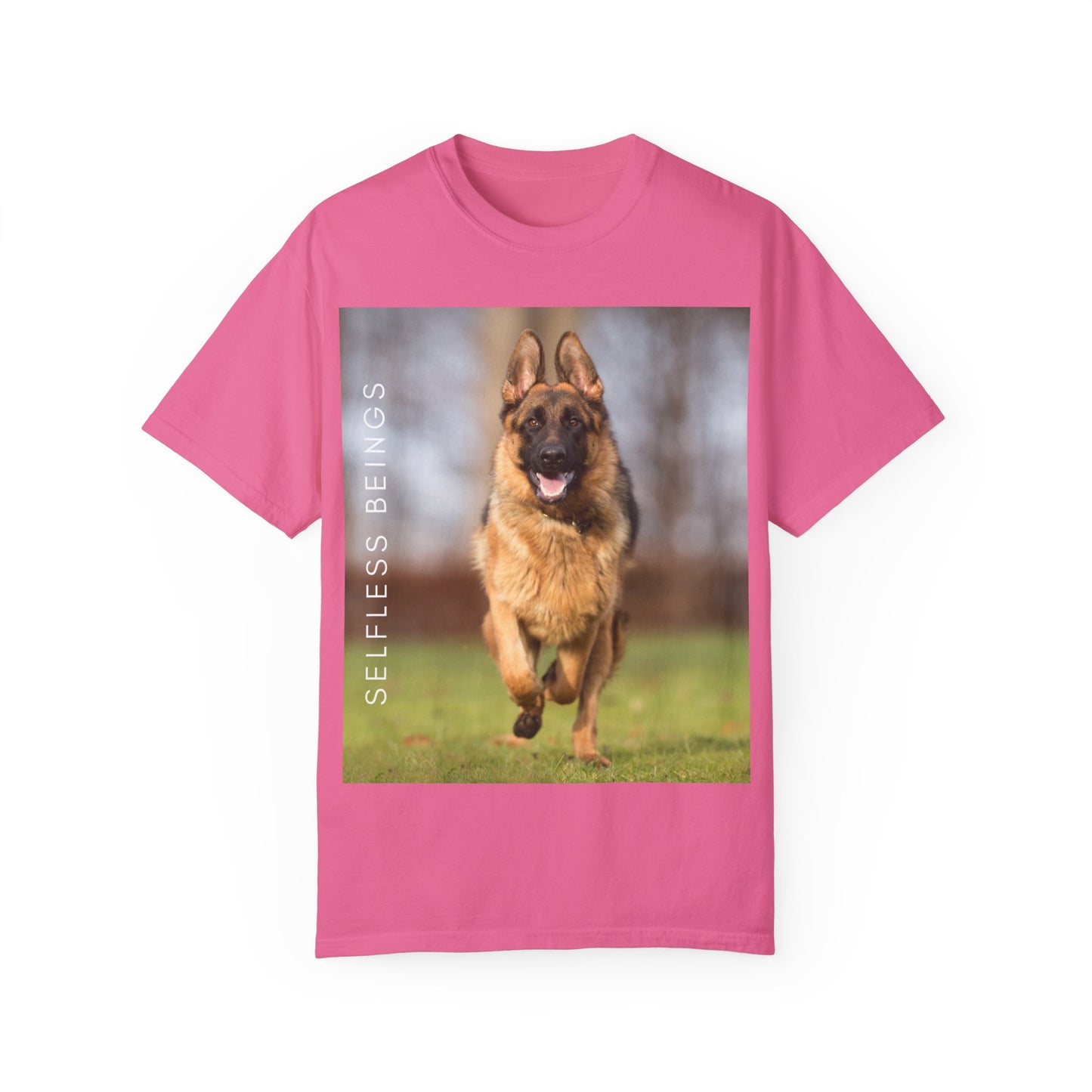Unisex Dog Lover T-Shirt With Large German Shepherd Running on the Grass and Caption Selfless Beings