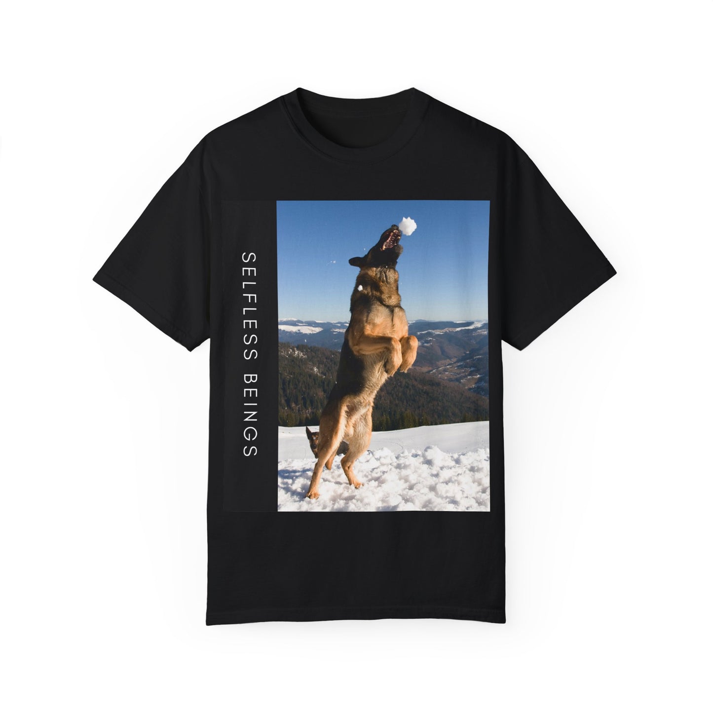 Unisex Dog Lover T-Shirt With a German Shepherd Jumps Upward to Catch a Small Snowball With Mouth and Caption Selfless Beings