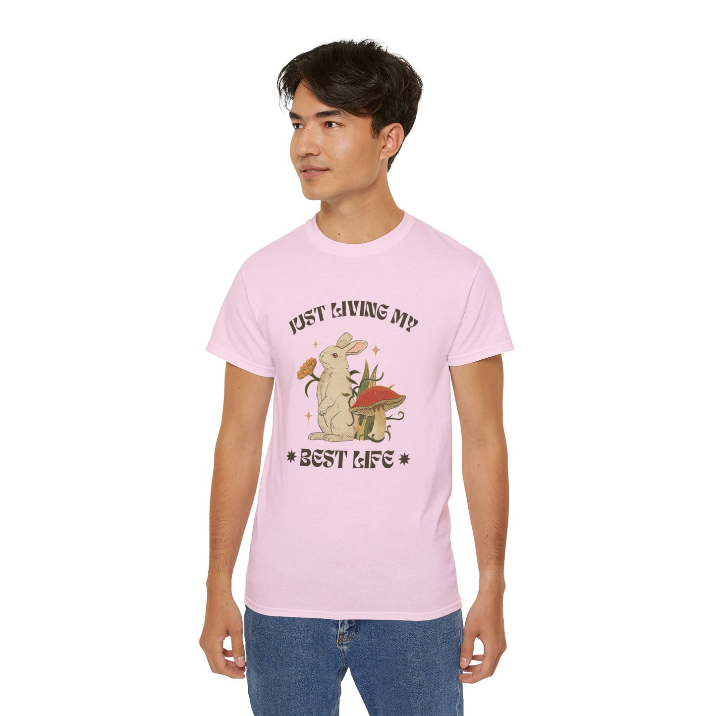 Unisex Ultra Cotton Tee - Just Living My Best Life Bunny Design, Cute Rabbit Shirt, Gift for Animal Lovers, Spring Fashion