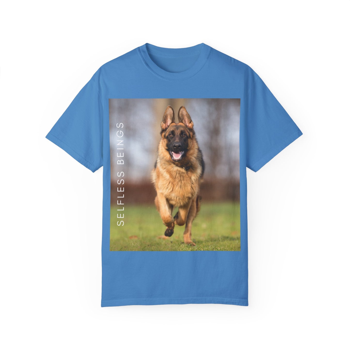 Unisex Dog Lover T-Shirt With Large German Shepherd Running on the Grass and Caption Selfless Beings