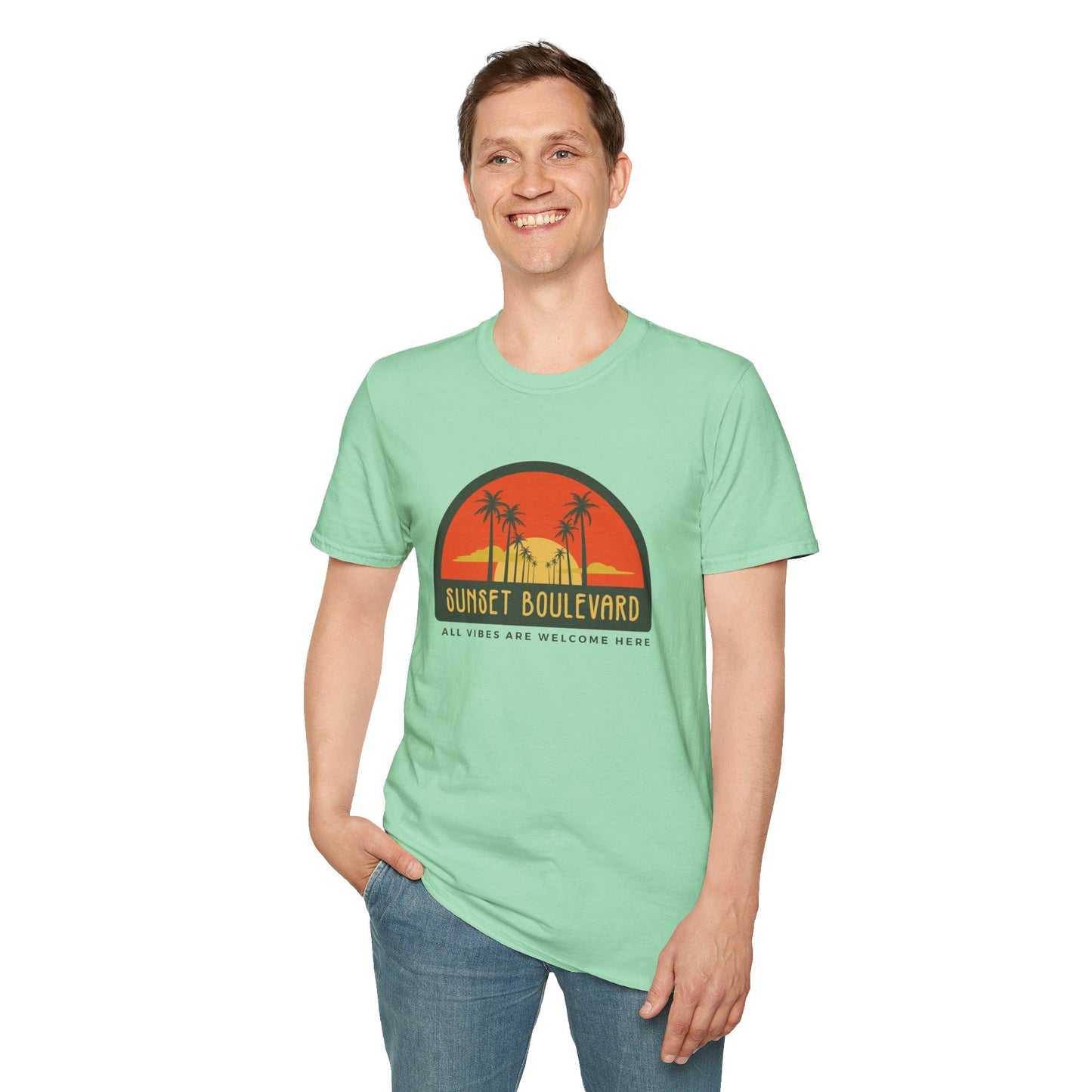 Sunset Boulevard Unisex Softstyle T-Shirt, Retro Beach Tee, Vacation Shirt, Summer Apparel, Travel Gift
