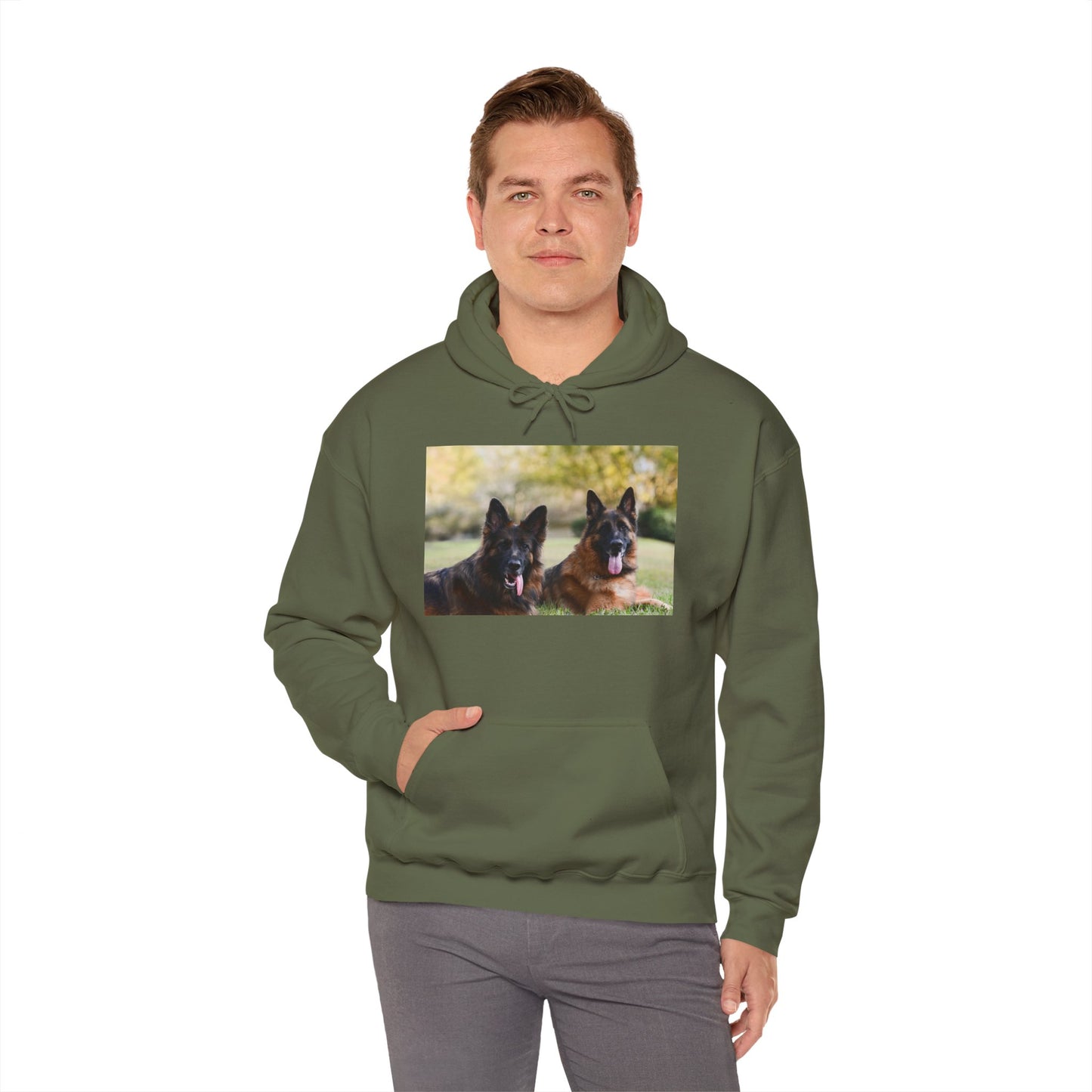 A Unisex Dog Lover Hoodie With Two German Shepherds Lying On The Ground Leaving Tongues Out