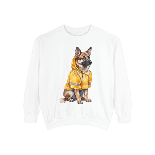 Unisex Dog Lover Sweatshirt With a Graphic of German Shepherd Wearing a Yellow Rain Coat