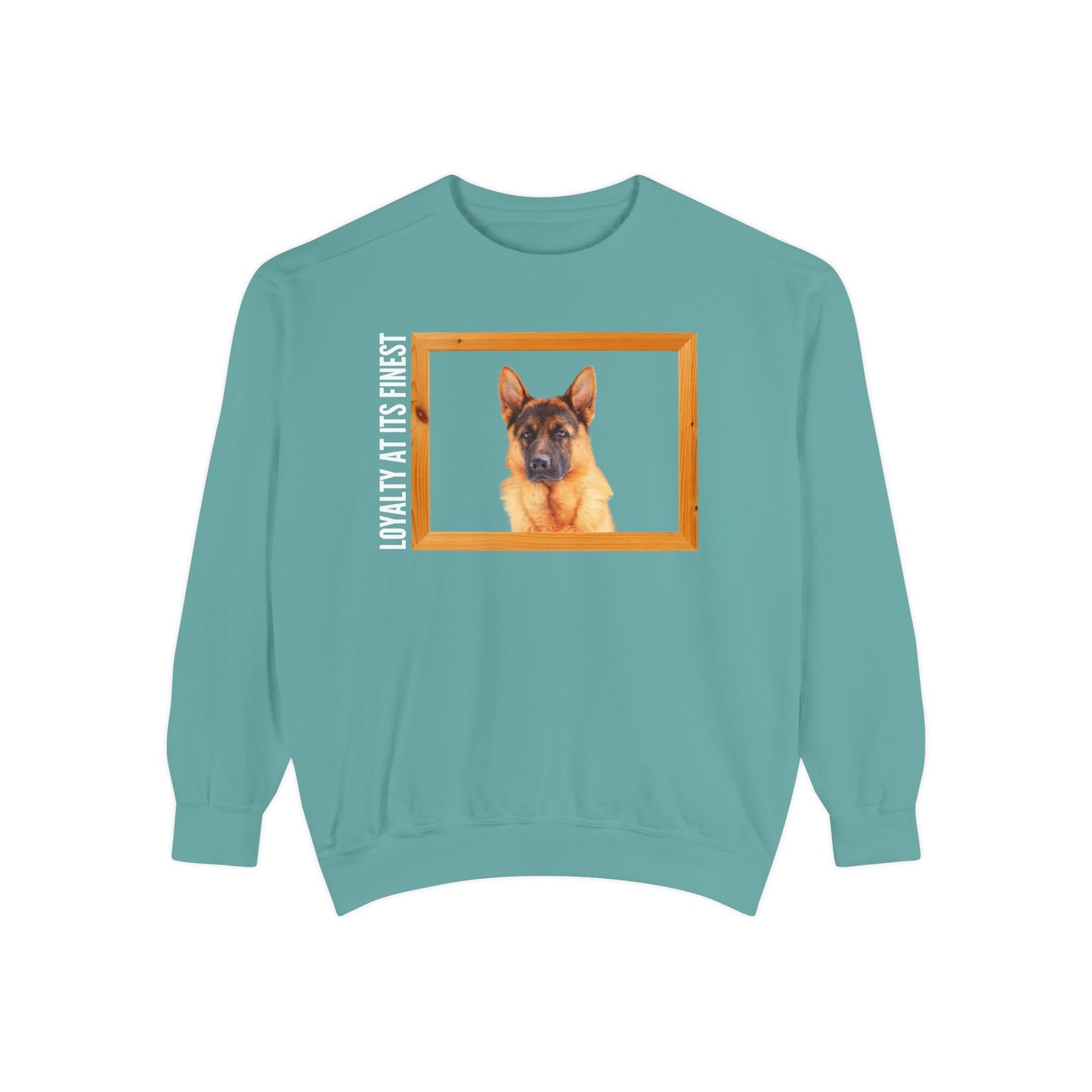 Unisex Dog Lover Sweatshirt With a German Shepherd's Head Inside a Wooden Frame and Caption Loyalty at Its Finest