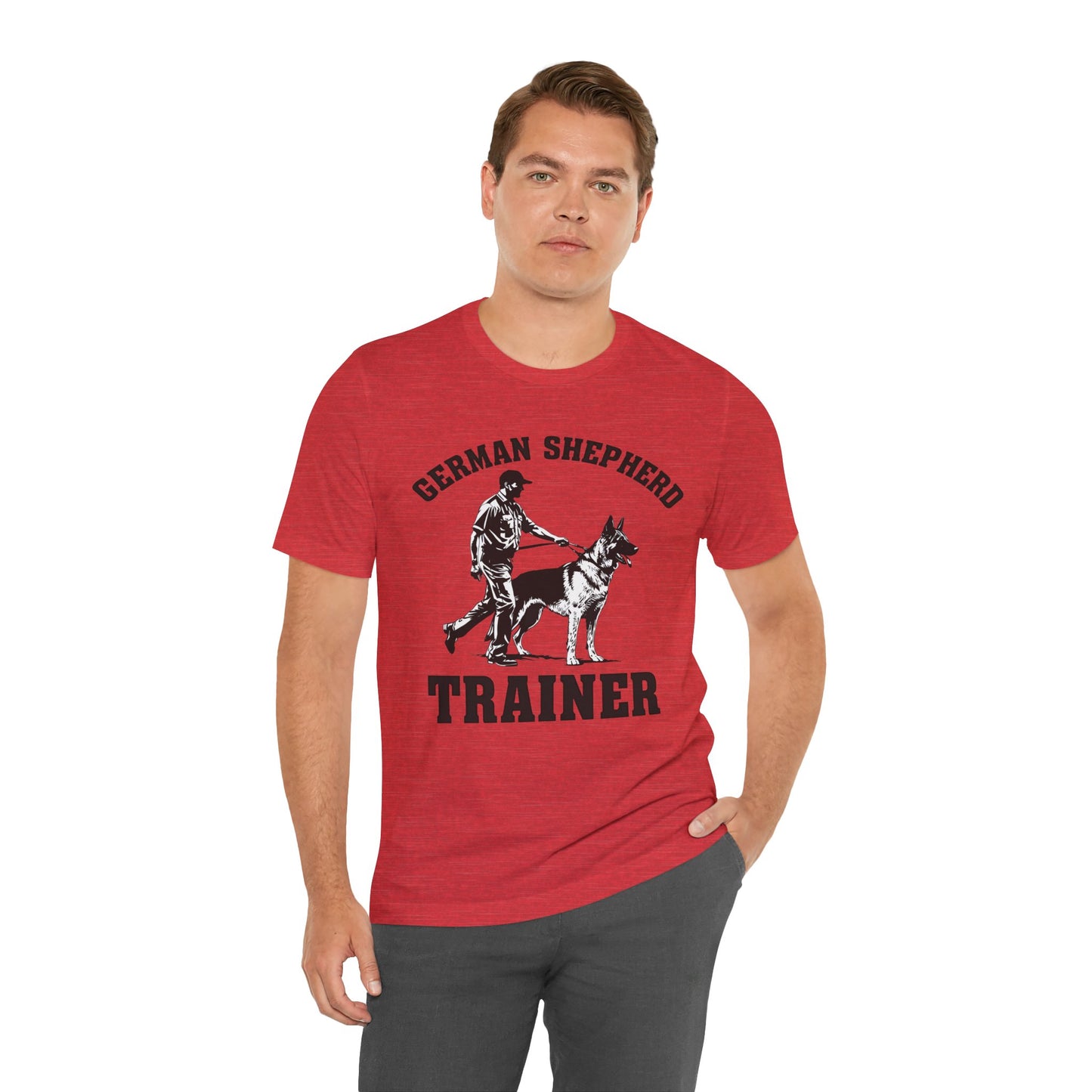 German Shepherd Trainer Tee - Black and White Design of Man Holding a German Shepherd