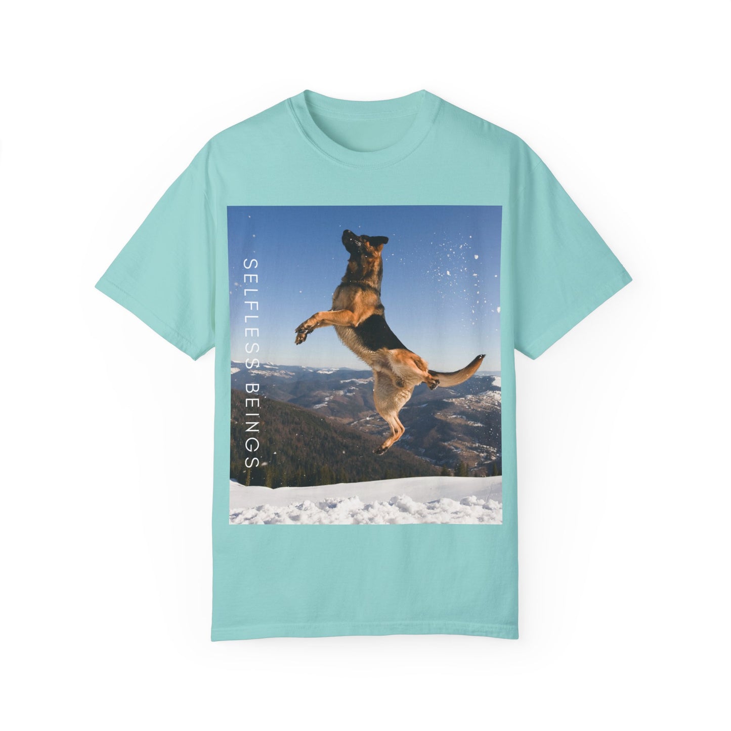 Unisex Dog Lover T-Shirt With a German Shepherd in the Air on Top of Snow Mountain and Caption Selfless Beings