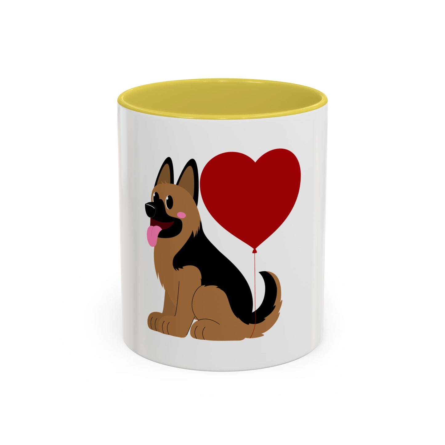 Glossy Ceramic Dog Lover Mug With a Graphic of German Shepherd Puppy and Heart Shaped Balloon Attached With Tail