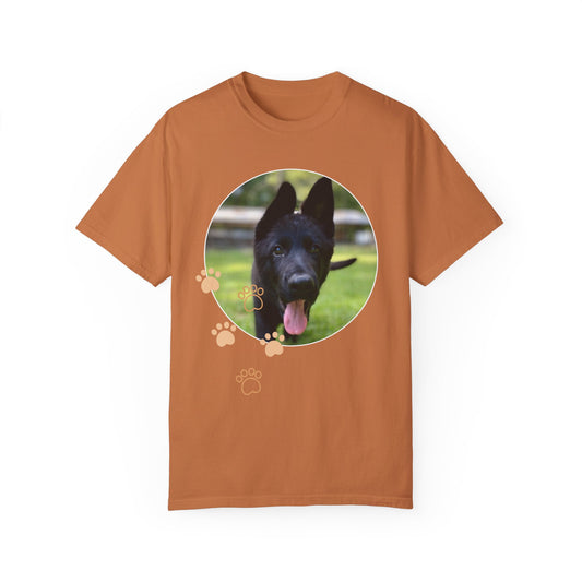 Unisex Dog Lover T-Shirt With Black German Shepherd Puppy Walking on Grass Leaving Tongue Out and Paw Icons